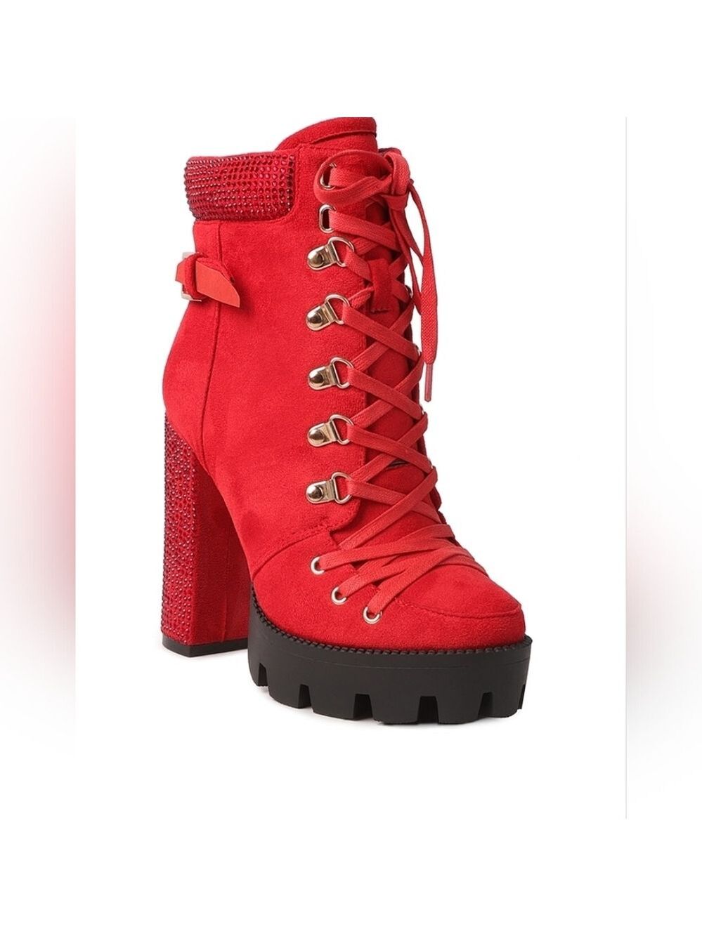 Red Lace-Up Platform Birch Diamante Block Heeled Ankle Boots Womens 8 - Picture 2 of 5